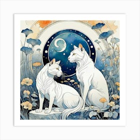 Two White Cats In The Moonlight Art Print