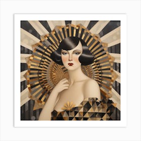 Art Deco portrait of a woman with a dramatic hairstyle, wearing a beaded dress and holding a fan Art Print
