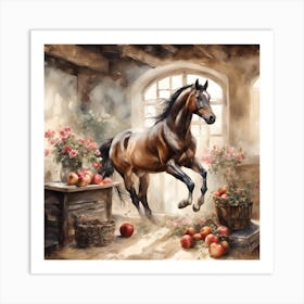 Highland Stable Horse Midst Blossoms and Apple Baskets Art Print
