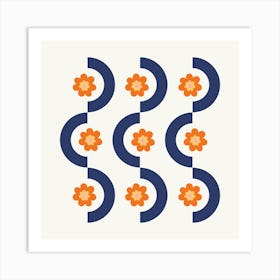 Geometric and Flower Pattern I in Navy Blue and Orange, Nostalgia Garden Shower Abstract 1 Art Print