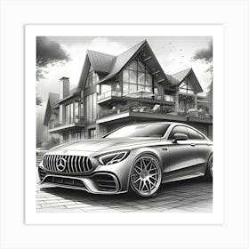 A Pencil Drawing Of A Mercedes Benz AMG In Front Of A Beautiful Modern Mansion   Art Print