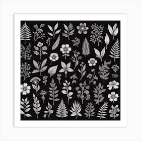 Set Of Black And White Leaves Art Print