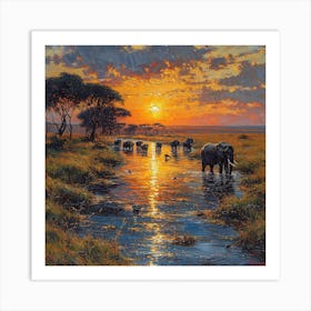 Sunset Elephants 3 Art Print