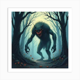 Horror Creature In A Watercolor Haunted Forest At Dusk 1 Art Print