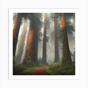 Forest of giant trees in the fog Art Print