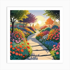 Colorful Landscape Painting With Flowering Daisies In Naive Art Style (4) Art Print