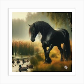 Beautiful Black Stallion By The Pond 4 Copy Art Print