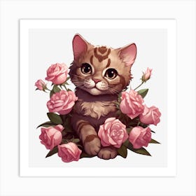 Cat With Roses Art Print