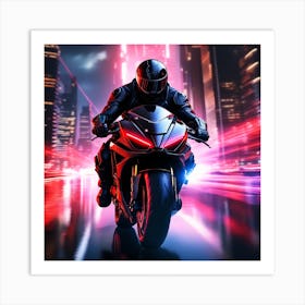 The Image Depicts A Futuristic Scene With A Black And Red Motorcycle Ridden By A Cyborg 2 Art Print