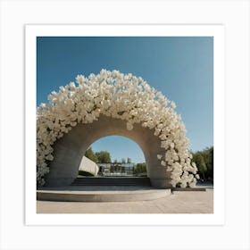 a popup store building from future made of concrete, glass and a lot of teddy bears. The structure is the shaped like an arch with a large circular concrete staircase inside. on the facade there are a lot of soft beige bears. In front there is "THE PTASHATKO" written on it. the weather is sunny outside, the sky is blue. The photography is in the style of street photography and architectural magazine photography. Outside we see big white flowers and more tulip petals covering all around the space. Art Print