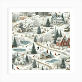 Winter Village, Red Birds And Paths Art Print