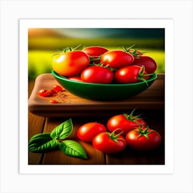 A Bowl Of Tomatoes On Table With A Beautiful Farm Art Print