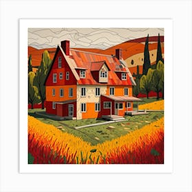 Farmhouse With Crops Cubism Style Art Print