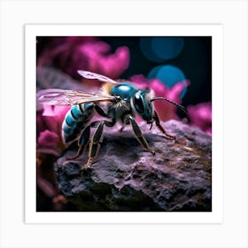 up close sky blue bee on a black rock in a mystical fairytale forest, mountain dew, fantasy, mystical forest, fairytale, beautiful, flower, purple pink and blue tones, dark yet enticing, Nikon Z8 2 Art Print