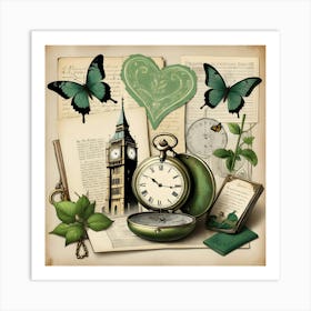 Antique Clock, Open Book, Colorful Butterfly, And Key On Table Art Print