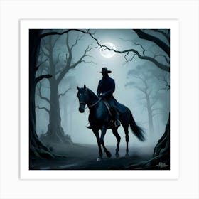 A Solitary Horseman Rides A Majestic Black Stallion Through A Misty, Moonlit Forrest Art Print