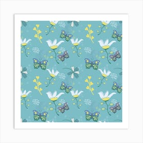 Butterflies Flowers Blue Background Spring Pattern Art Print