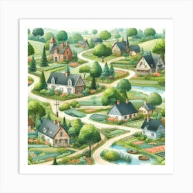 Village In The Countryside With Trees, Lakes And Paths Art Print