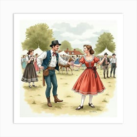 A Watercolor Of People Participating In A Traditional English Country Dance At A Village Fete 1 Art Print