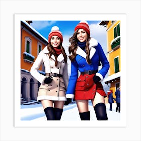 Two Girls In Winter Clothes Art Print