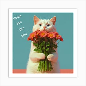 These Are For You, Cat Holding Flowers Art Print