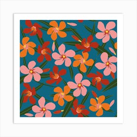 Pink red orange oleander on blue Art Print