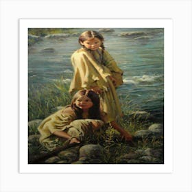 Two Indian Girls By The River Art Print