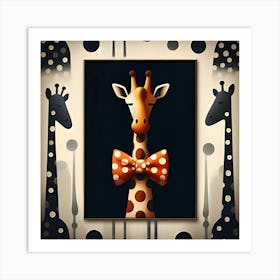 A Towering Giraffe With A Polka Dot Bow Tie, Inspired By The Quirky Illustrations Of Maira Kalman, With A Playful Polka Dot Pattern, Where The Giraffe Is In Focus And The Background Is Blurred Into Abstract Shapes Art Print