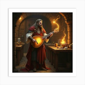 A Heroic Bard Playing A Glowing Lute, Casting Musical Magic In An Ancient Tavern 1 Art Print