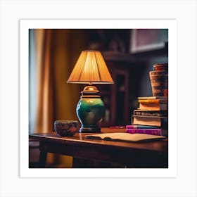 Writing desk, books and Green Lamp Art Print