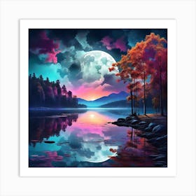 Full Moon Over Lake 2 Art Print