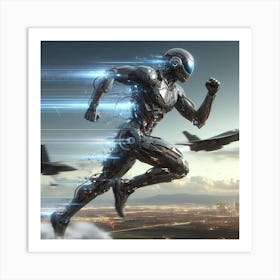 Futuristic Robot Running In The Sky Art Print