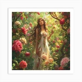 Mother Nature Surrounded By Roses Art Print