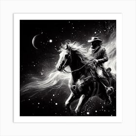 Black And White Cowboy Riding A Horse in space Art Print