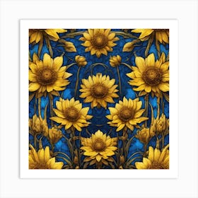 Yellow Flowers In Field With Blue Sky Centered Symmetry Painted Intricate Volumetric Lighting (2) Art Print