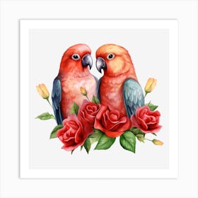 Couple Of Parrots With Roses 5 Art Print