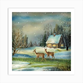 Deer In The Snow 40 Art Print