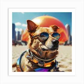 Dog With Sunglasses On The Beach Art Print