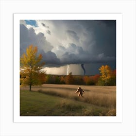 Sasquatch In A Field with a tornado and lightning Art Print