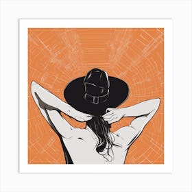 A Silhouette Of A Man Wearing A Black Hat And Laying On Her Back On A Orange Screen, In The Style Of Art Print