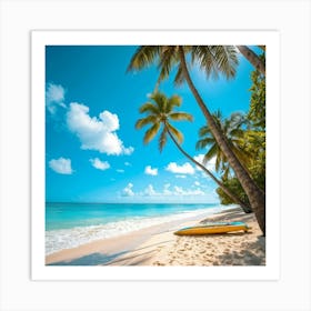 A Sunny Beach In A Tropical Paradise Palm Trees Bending Slightly Above The Turquoise Waters Edge (3) Art Print