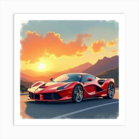 A Sleek Ferrari Under A Sunset Sky In Watercolor With A Mountain Backdrop 1 Art Print