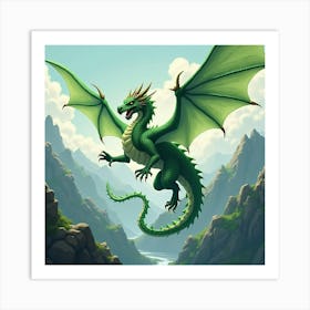 Dragon With Gleaming Emerald Scales Soaring Over Mountains 1 Art Print