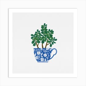 Jade Houseplant Blue Tea Cup Painting Art Print