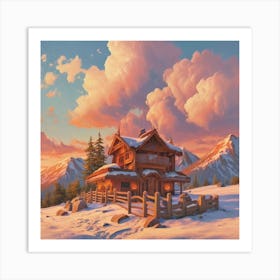 Mountain village snow wooden huts 12 Art Print