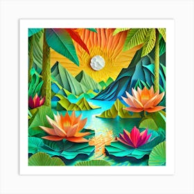 Firefly Beautiful Modern Abstract Lush Tropical Jungle And Island Landscape And Lotus Flowers With A (4) Art Print