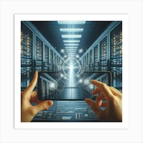 Hands Holding A Smartphone In A Data Center Art Print