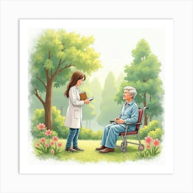 Soothing Watercolor Scene Of A Caregiver And Patient In A Peaceful Garden Setting 1 Art Print