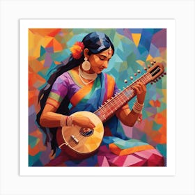 In An Oil Painting The Vibrant Essence Of A Joyous Indian Woman Playing The Sitar With Profound Enthusiasm Is Beautifully Depicted The Artwork Showcases The Woman In Meticulous Detail Exuding Pure 0 Art Print