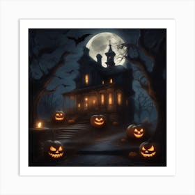 Halloween House With Pumpkins Art Print